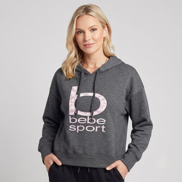 bebe sport Tops - Bebe Sport Womens 1X Charcoal Hoodie Printed Big B Camo Logo Pullover